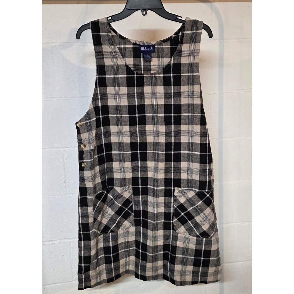Vintage Blue J. Black Tan Plaid Jumper Dress Large Side Buttton
